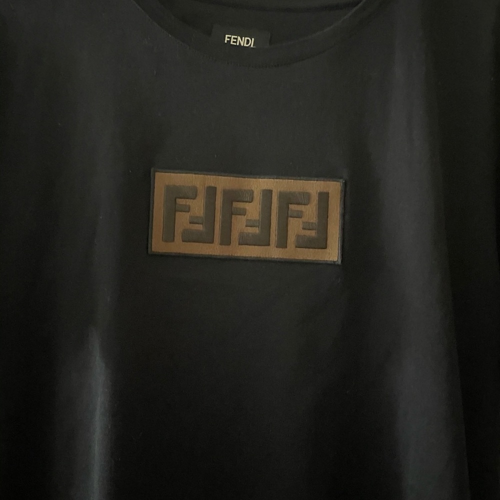 Fendi Black Short Sleeve Tee with Brown Logo Patch